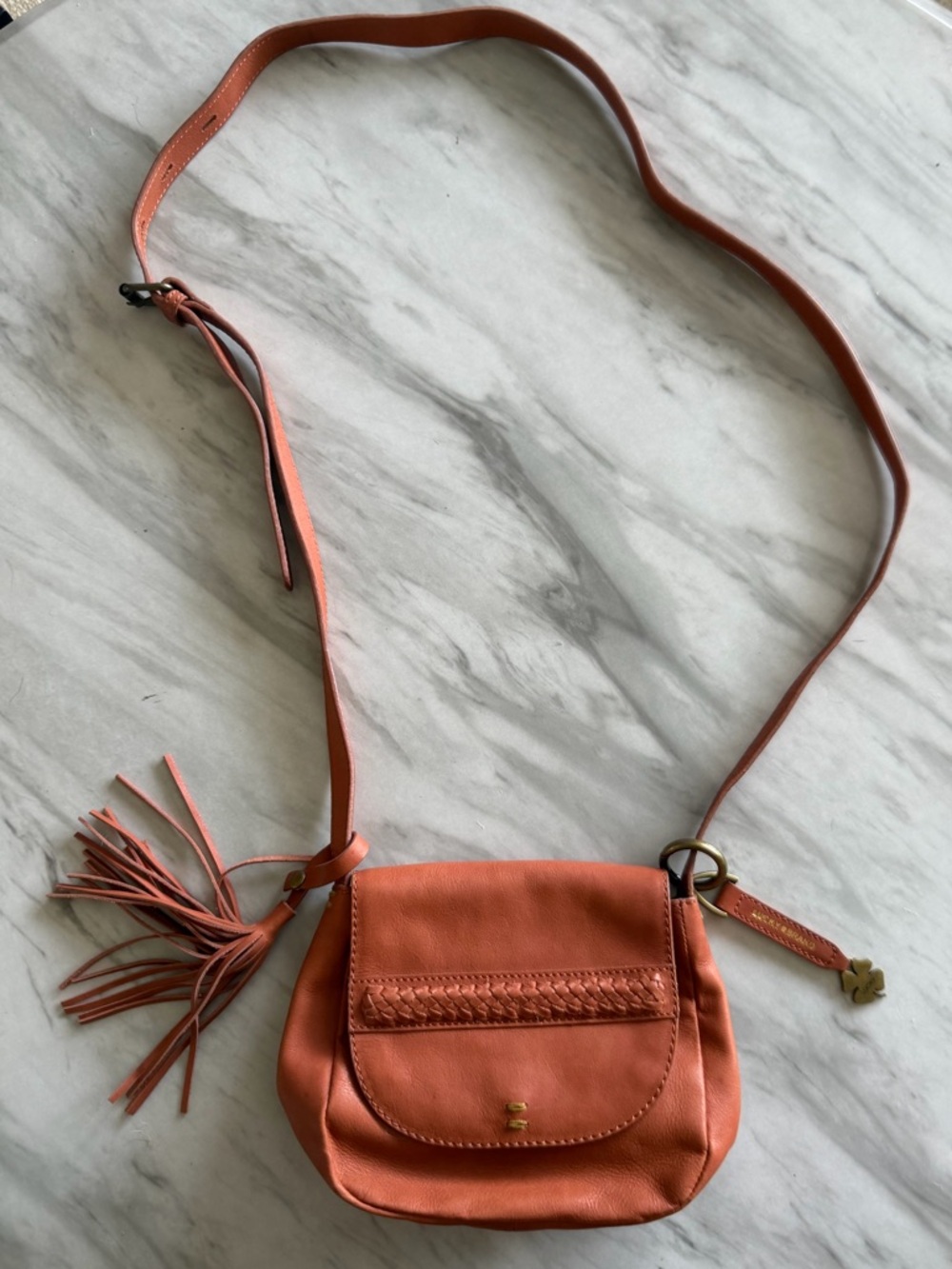 LUCKY BRAND Women's Small Orange Leather Western Crossbody Boho Tassel Bag Purse